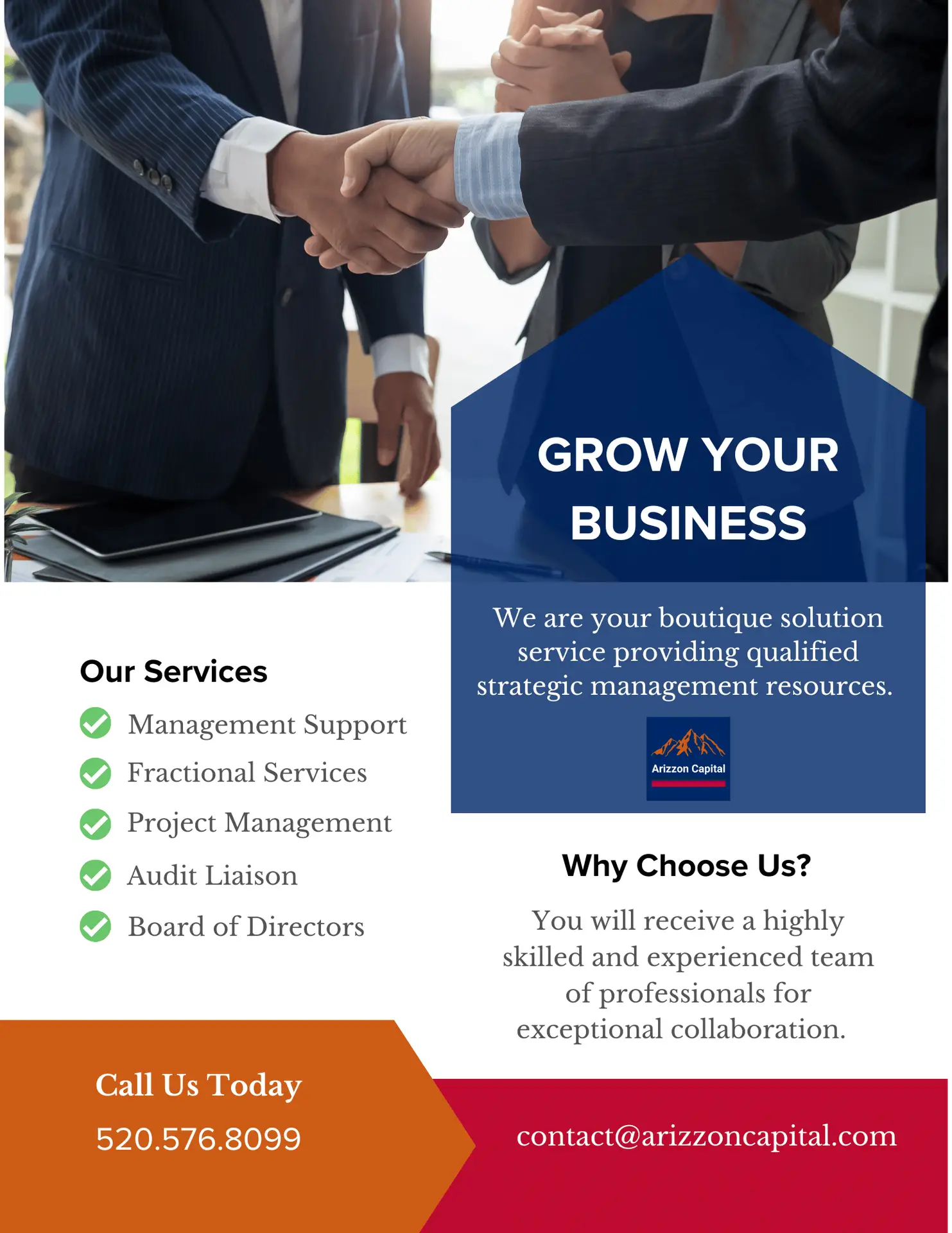 Arizzon Capital's promotional flyer outlining the Arizzon business solution services for prospective clients.